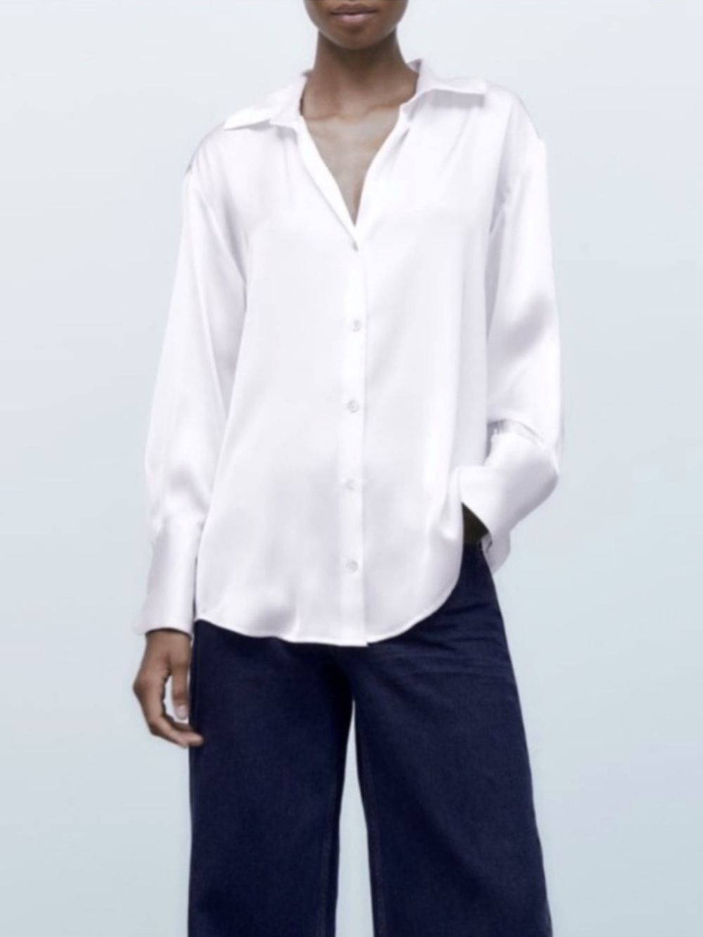 Zara White Satin Effect Button Up Shirt M Medium Long Sleeve Collared Blouse - Picture 2 of 12